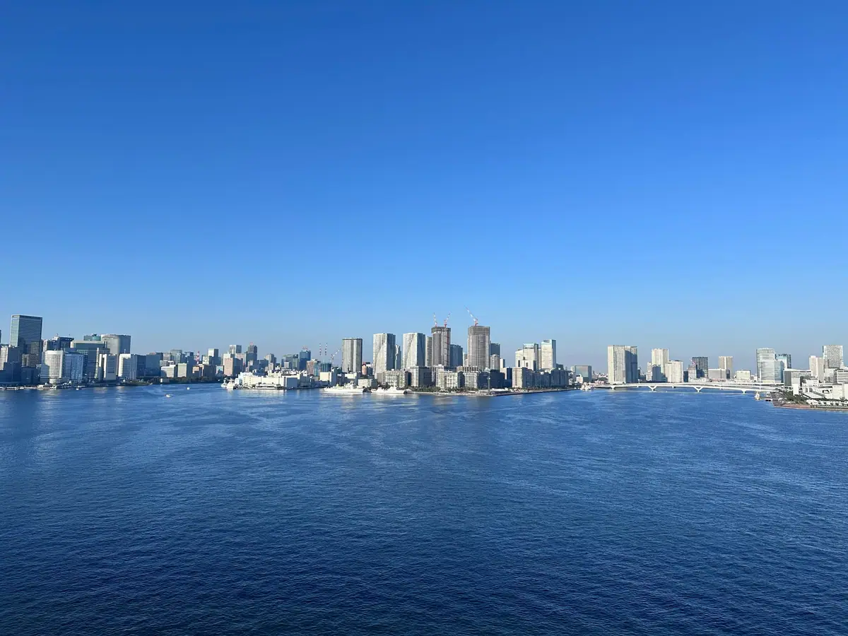 Rainbow Bridge-এর কাছে Tokyo Bay-এর প্যানোরামিক দৃশ্য