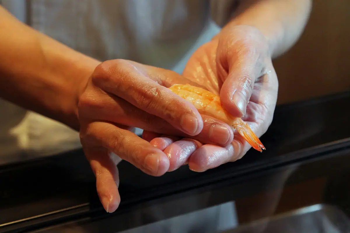 Hands shaping a piece of shrimp nigiri sushi