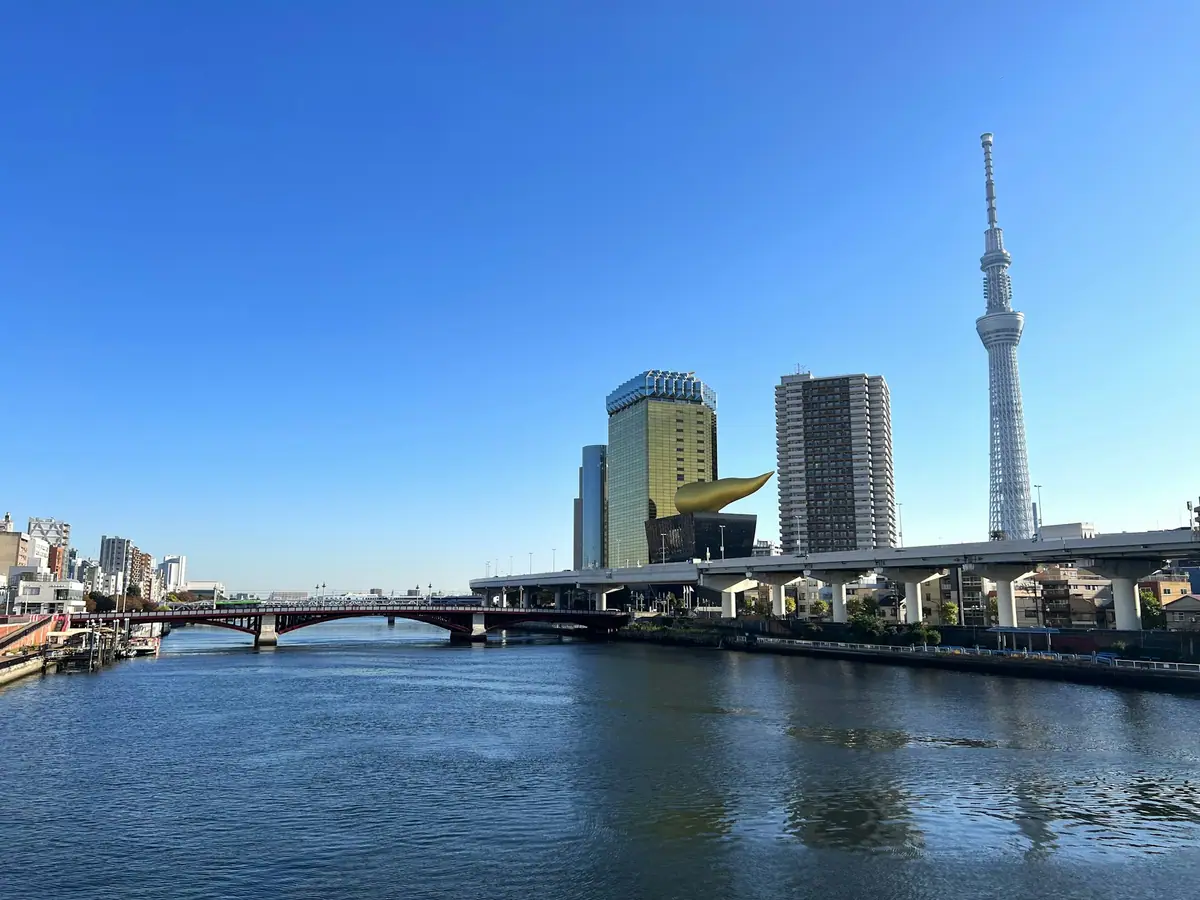Tokyo Skytree beyond the Sumida River and Azuma Bridge