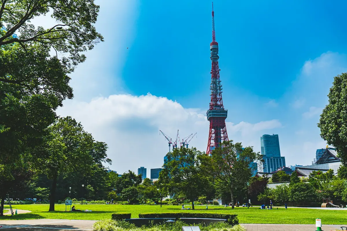 Turnul Tokyo văzut din Parcul Shiba cu gazon verde în prim plan